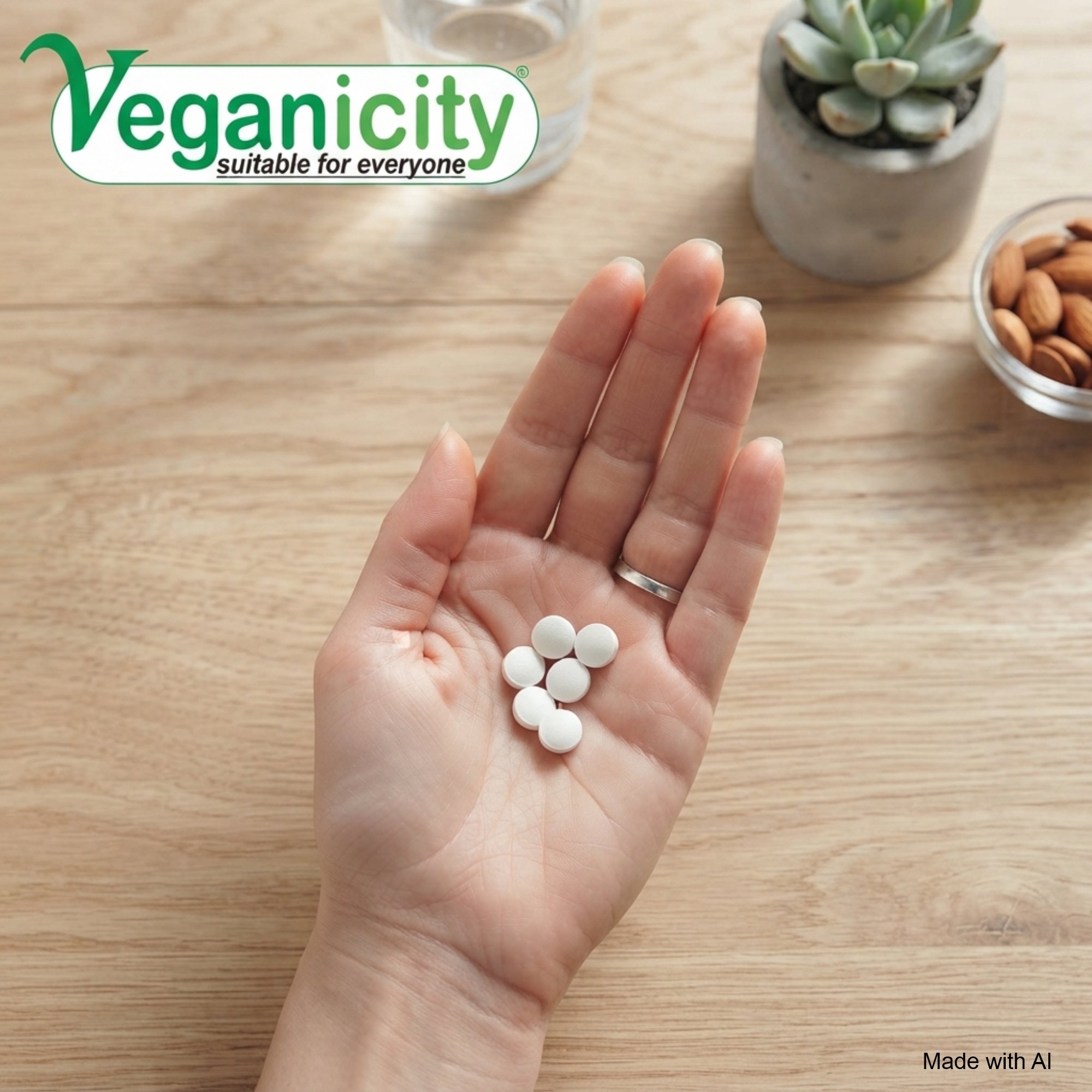 A person’s hand holding several Veganicity Vegan Vitamin D 1600 Complex Tablets showing small easy to take 10mm diameter round tablets