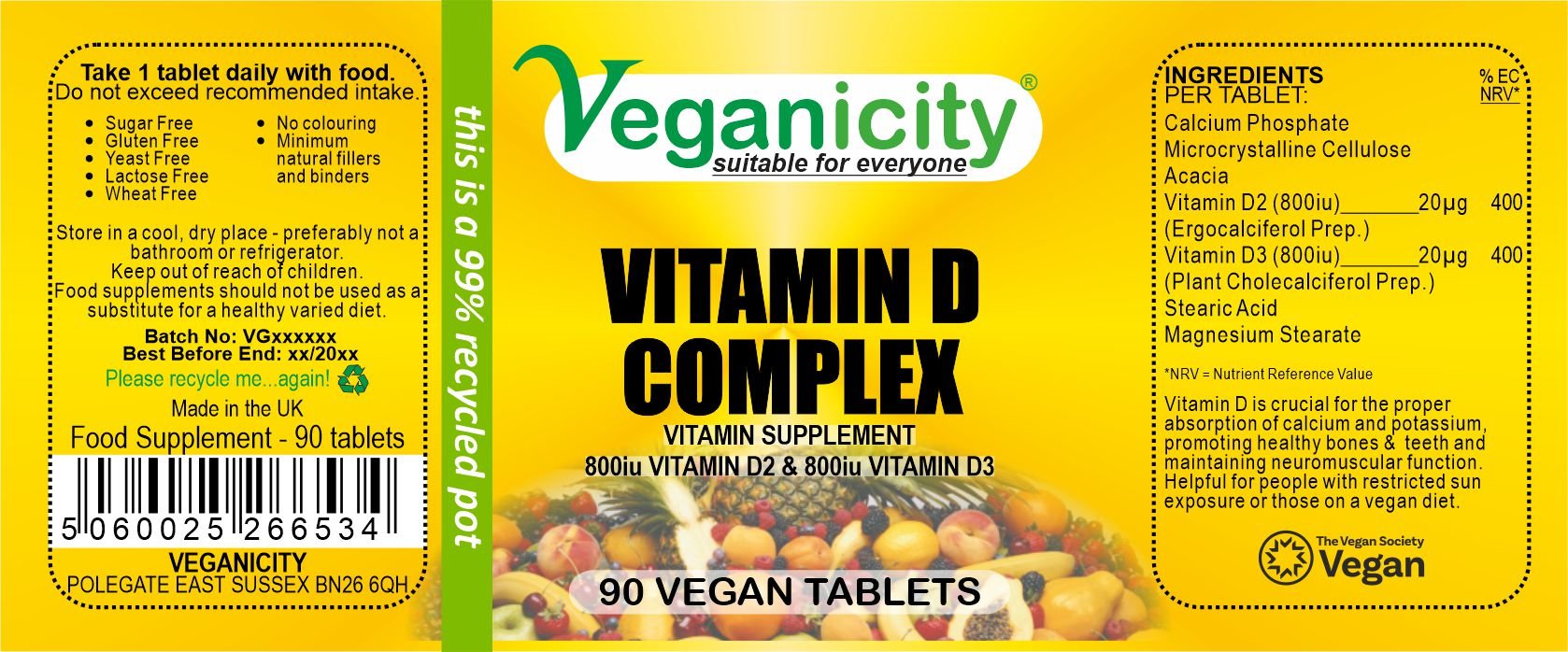 Veganicity Vegan Vitamin D 1600 Complex 90 Tablets full product label Ingredients Directions Batch Number Best Before Barcode