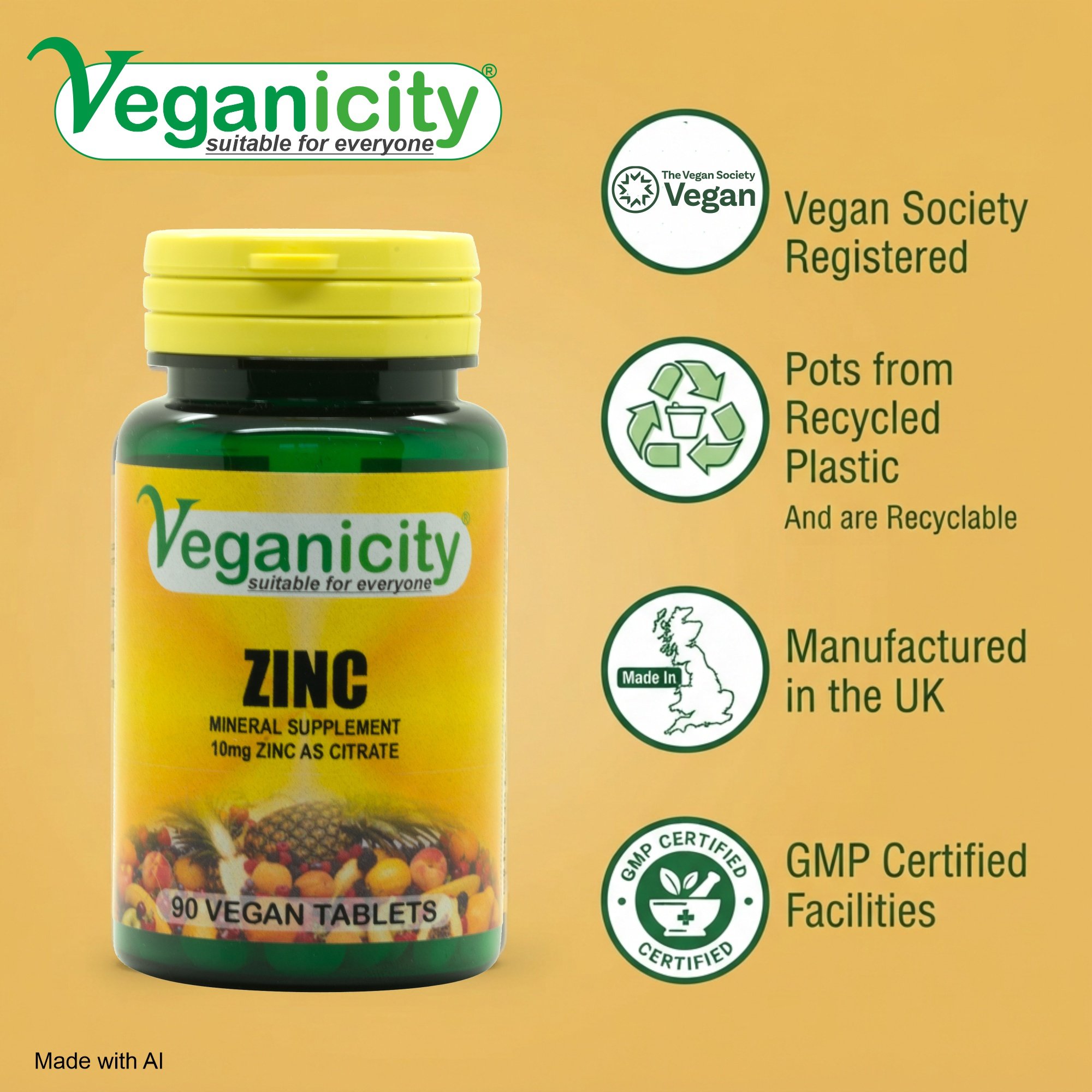 Veganicity vegan Zinc 10mg Vegan Society Registered 99% recycled pot GMP manufactured in the UK