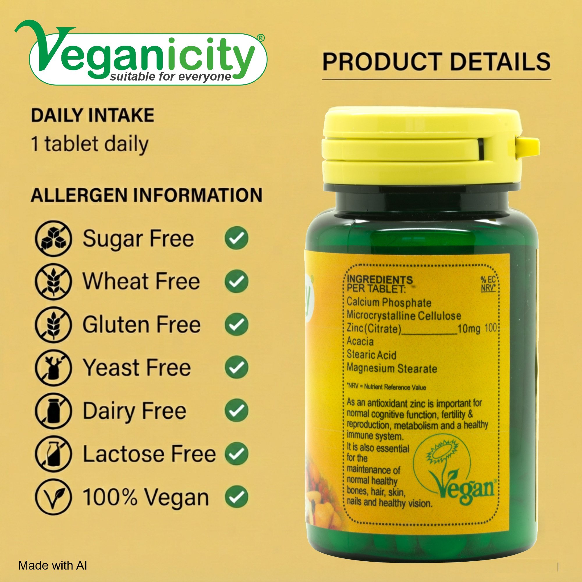 Vegan Zinc 10mg nutritional label daily intake - Free from Suger Wheat Gluten Yeast Dairy & Lactose