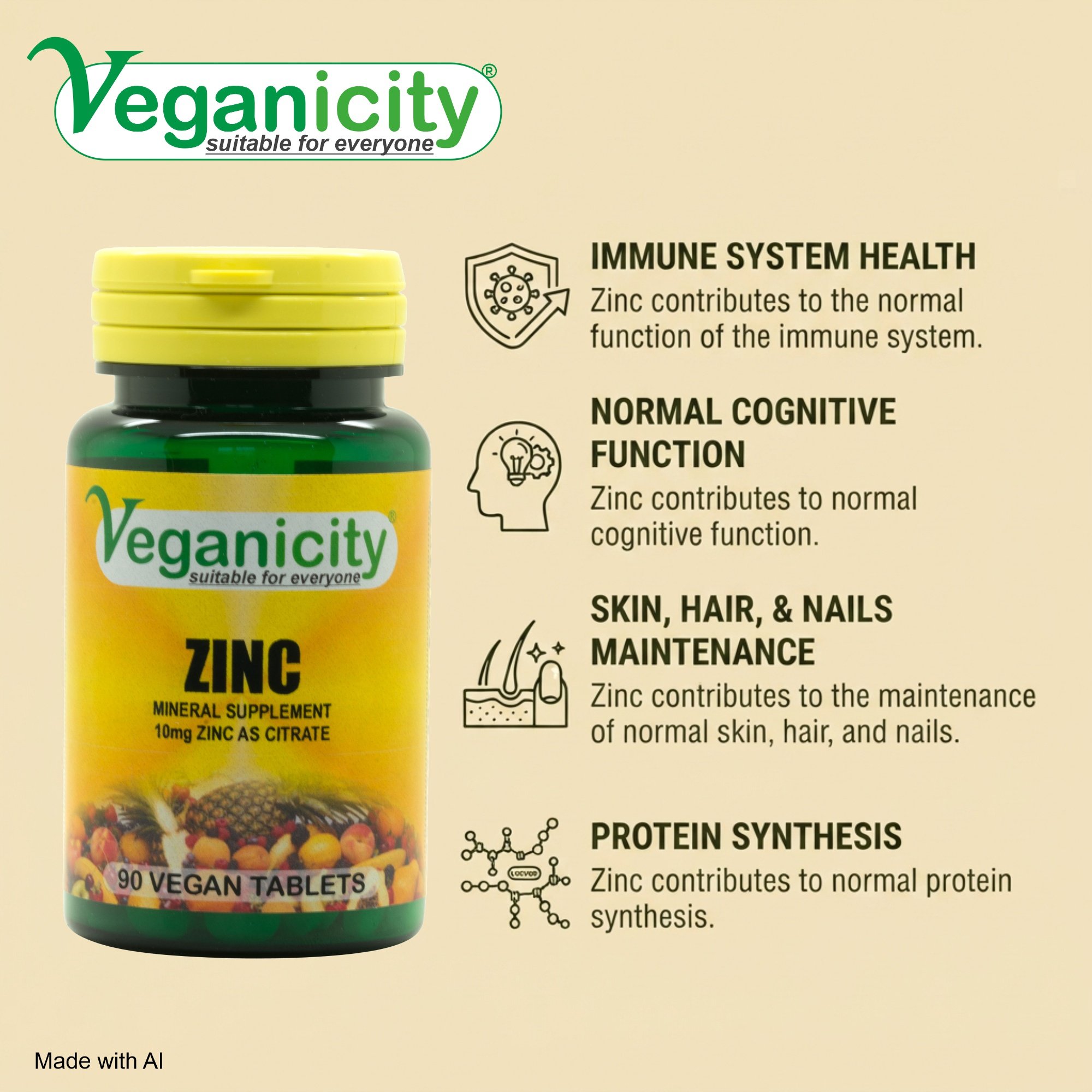 Veganicity vegan Zinc 10mg Immune support Hair skin and nails Cognitive function Vision health Protein synthesis