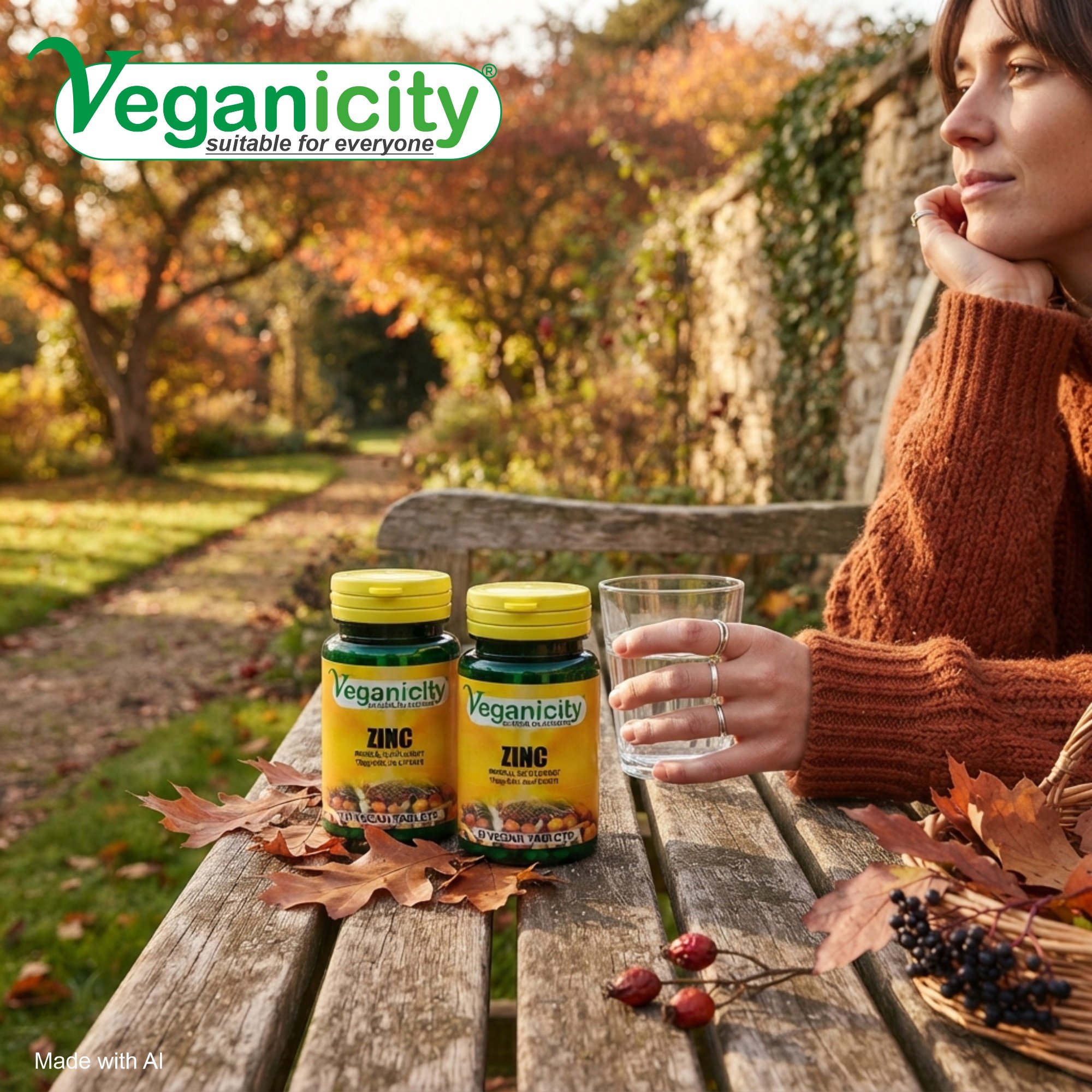 Veganicity vegan Zinc 10mg 90 tablet pots sitting on an outside table in an Autumn setting
