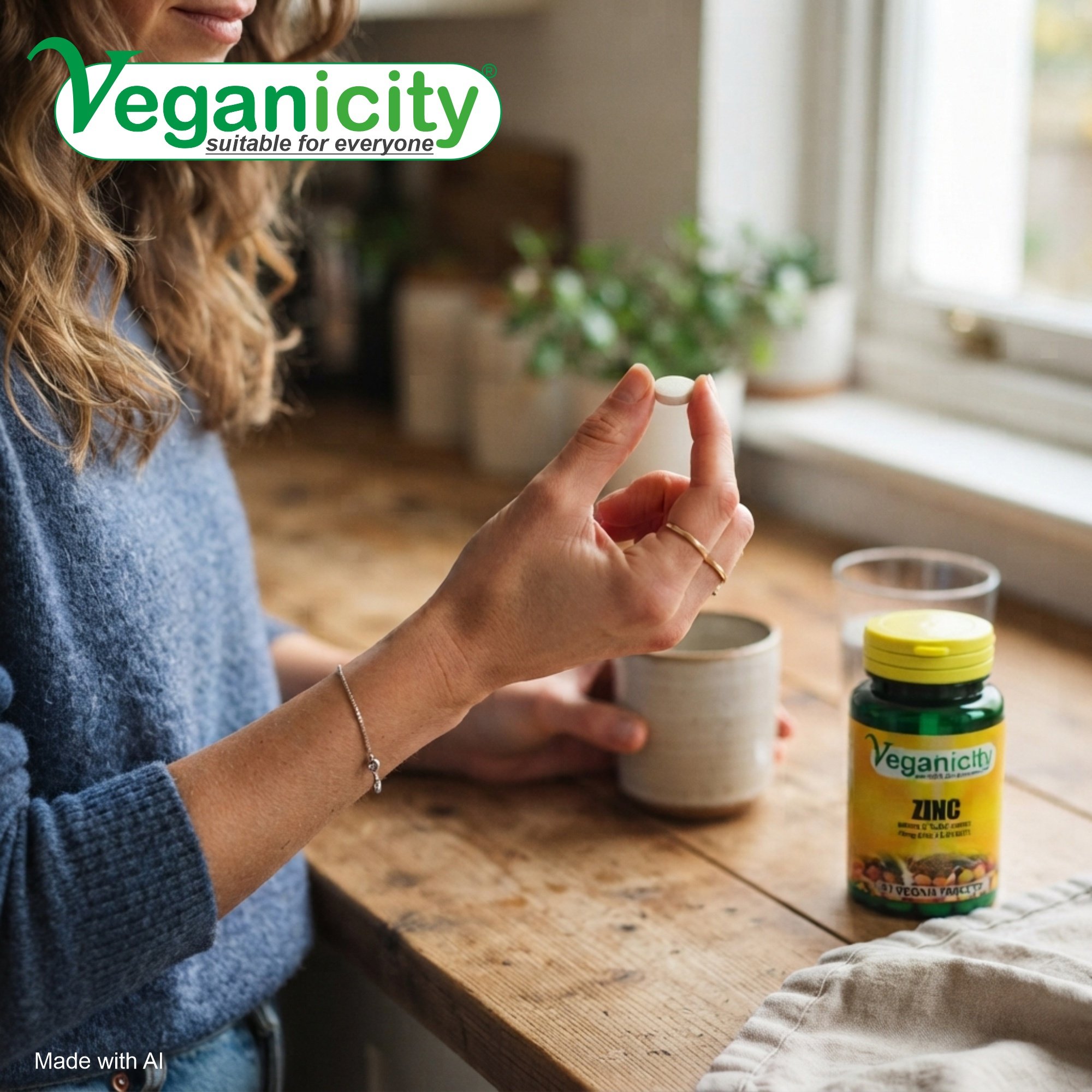 A person's hand holding a Veganicity Zinc 10mg tablet in their hand showing a small easy to take 10mm diameter round tablet