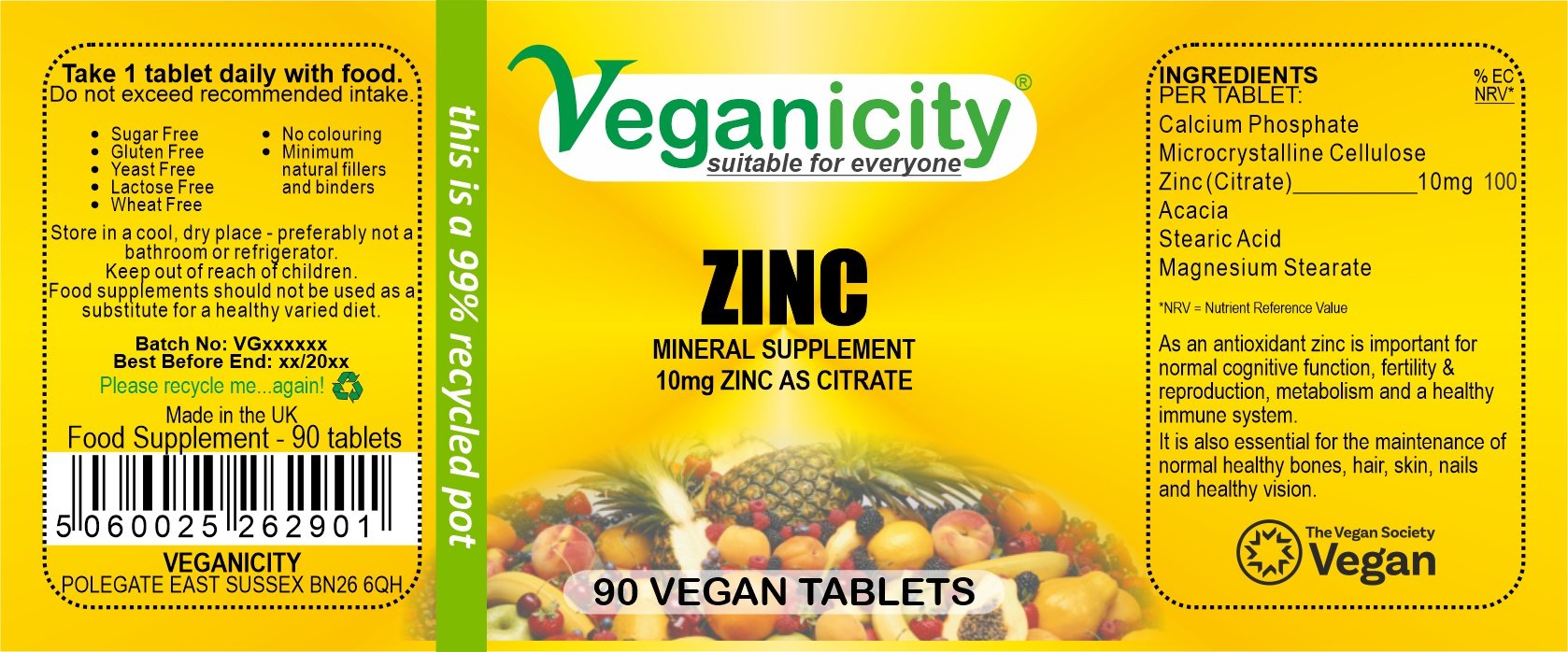 Veganicity vegan Zinc 10mg 90 tablets full product label Ingredients Directions Batch Number Best Before Barcode