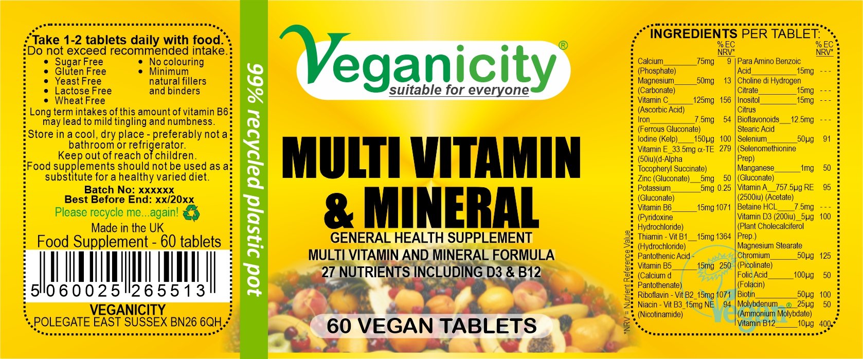 Veganicity Vegan Multi Vitamin & Mineral 60 Tablets full product label Ingredients Directions Batch Number Best Before Barcode