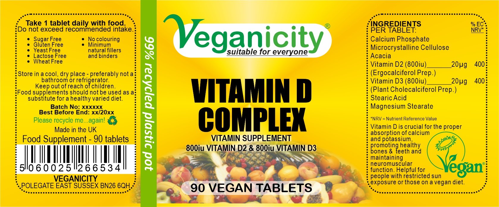Veganicity Vegan Vitamin D 1600 Complex 90 Tablets full product label Ingredients Directions Batch Number Best Before Barcode